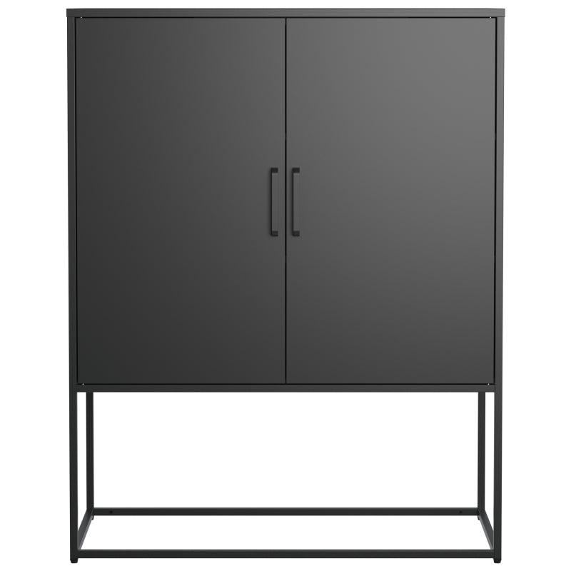 Metall-Sideboard,Lagerschrank– 2 Regale, freistehender Stahlschrank, Magnettüren, Anti-Kipp-Sicherung, Wohnzimmer, Küche, Büro, Schwarz, H 109 cm × B 85 cm × T 40 cm
