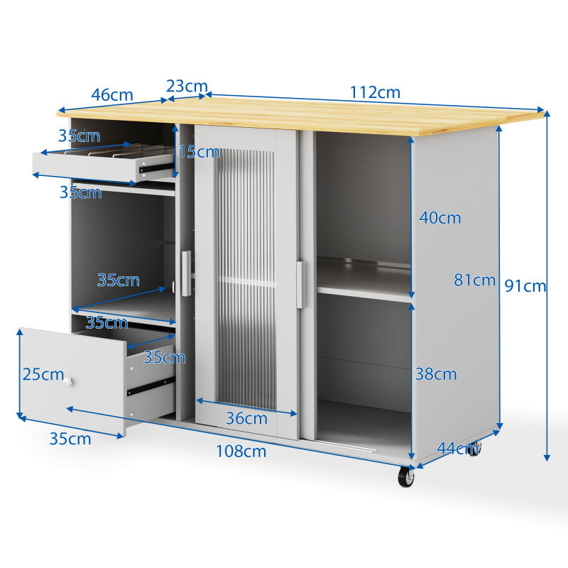 112×46(69)×91cm, klappbarer Kücheninselwagen, Eichenholzfurnier, Weinregal, Schubladen, großer Kücheninselwagen mit Schiebetüren aus gehärtetem Glas und verstellbaren Einlegeböden, mobiler Inselwagen