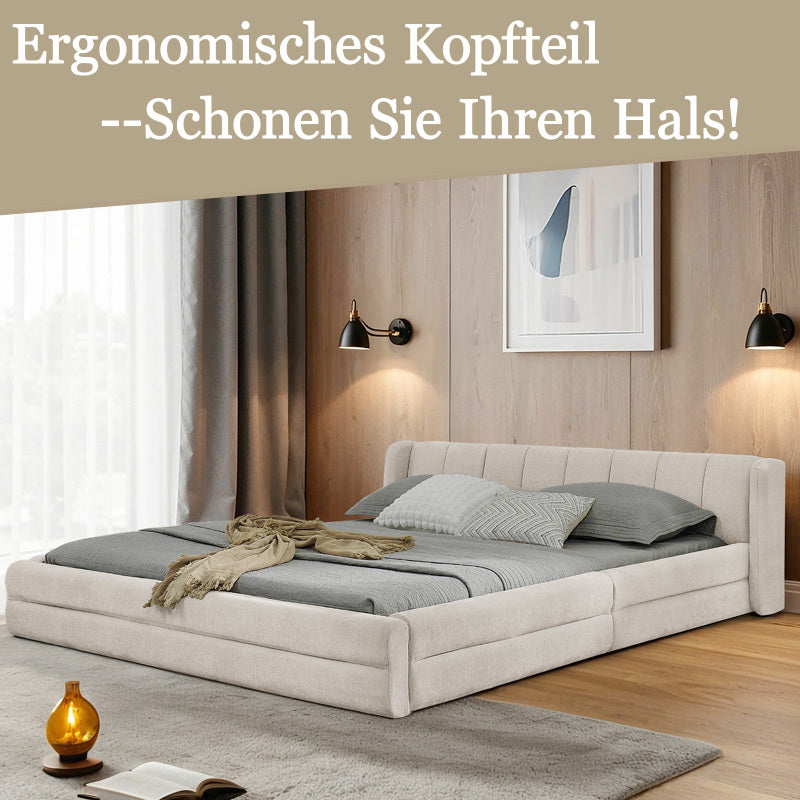 Doppelbett 160×200 cm, Chenille Stoff, komfortable Rückenlehne, robustes Eukalyptus- und Eisengestell, einfach zu montieren, Beige (ohne Matratze)
