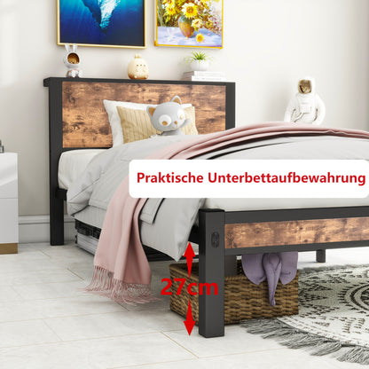 90x200 cm Metallgestell mit Stauraum-Kopfteil, Einzelnes Metall-Plattformbettgestell, Geräuschfrei, Metalluntergestell, Ohne Boxspring Notwendig, Vintage Braun