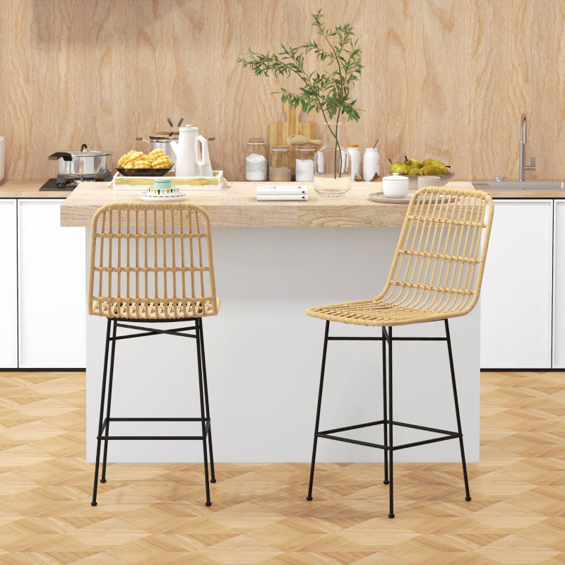 Barhocker 2er-Set Boho-Stil aus Rattan mit Rückenlehne und Stahl bis 120 kg, 45 x 53,5 x 105 cm, Natur & Schwarz