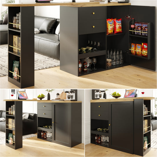 Um 360° drehbarer Bartisch (Hauptkörper 105 x 39 x 102 cm), mit 2 Schubladen und Schiebetürschrank, 3 Ebenen offener Stauraum, geeignet für Esszimmer/Arbeitszimmer/Wohnzimmer usw