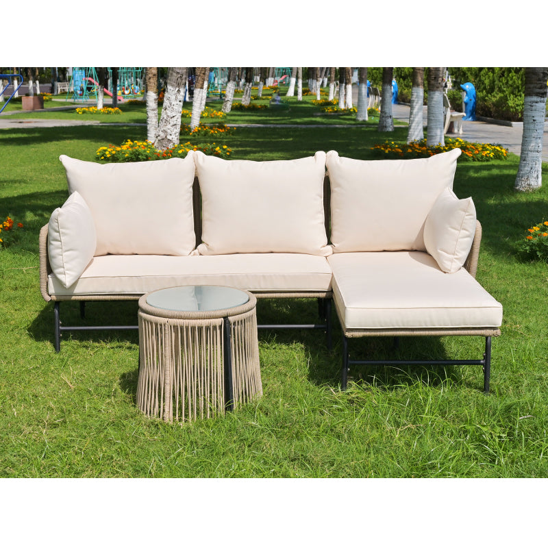 Gartenlounge-Set, Gartenmöbel-Set, Gartenlounge mit Eisengestell und beigem Seilbezug, Gartenmöbel aus gewebtem Seil für den Außenbereich, L-förmiges Gesprächsset mit Tisch, Beige