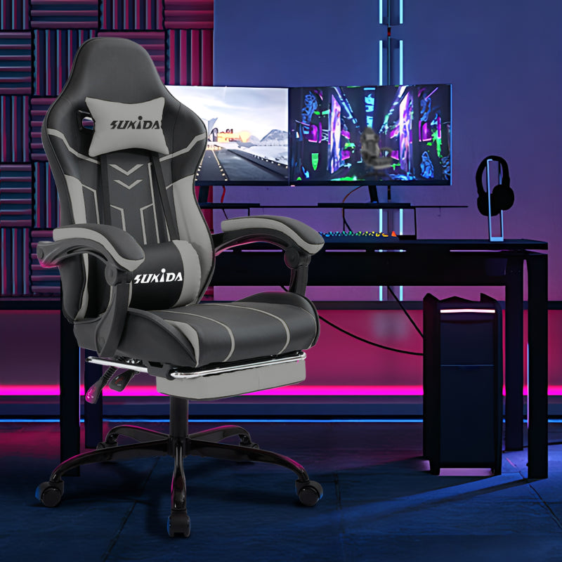 Gaming Stuhl Computerstuhl Ergonomischer Gaming Chair mit Fußstütze Bürostuhl Ergonomischer Computerstuhl mit Lendenwirbelstütze BlackGrey