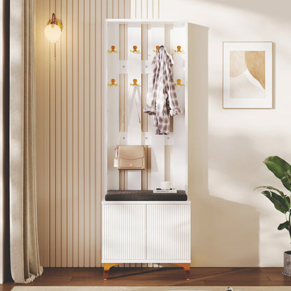Hoher Garderobenschrank mit Wellentüren, Push-to-Open, verstellbaren Regalen & Goldakzenten, Weiß, 60,5×35,2×180,5 cm