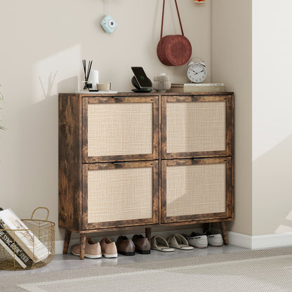 Schuhschrank mit vier Türen, Rattan-Optik, doppeltem Regal, mit Rückwand, geeignet für Flure und ähnliche Bereiche, Retrobraun