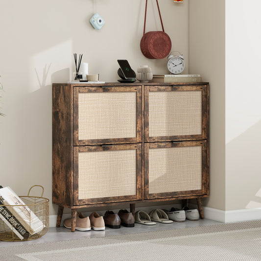 Schuhschrank mit vier Türen, Rattan-Optik, doppeltem Regal, mit Rückwand, geeignet für Flure und ähnliche Bereiche, Retrobraun