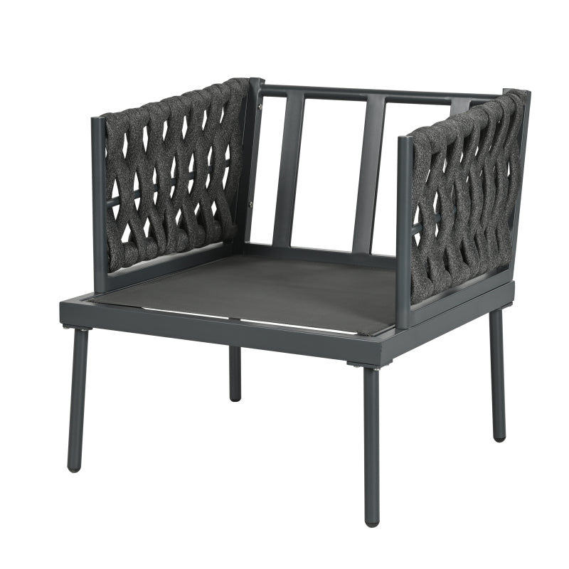 Garten Loungesessel Set, Gartenmöbel Set mit bequemen Kissen, 3er Sofa, 2 Sessel und Couchtisch, Outdoor, Glastischplatte, geflochtene Seilarmlehnen, verzinkter Stahl, grau