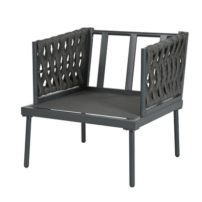 Garten Loungesessel Set, Gartenmöbel Set mit bequemen Kissen, 3er Sofa, 2 Sessel und Couchtisch, Outdoor, Glastischplatte, geflochtene Seilarmlehnen, verzinkter Stahl, grau