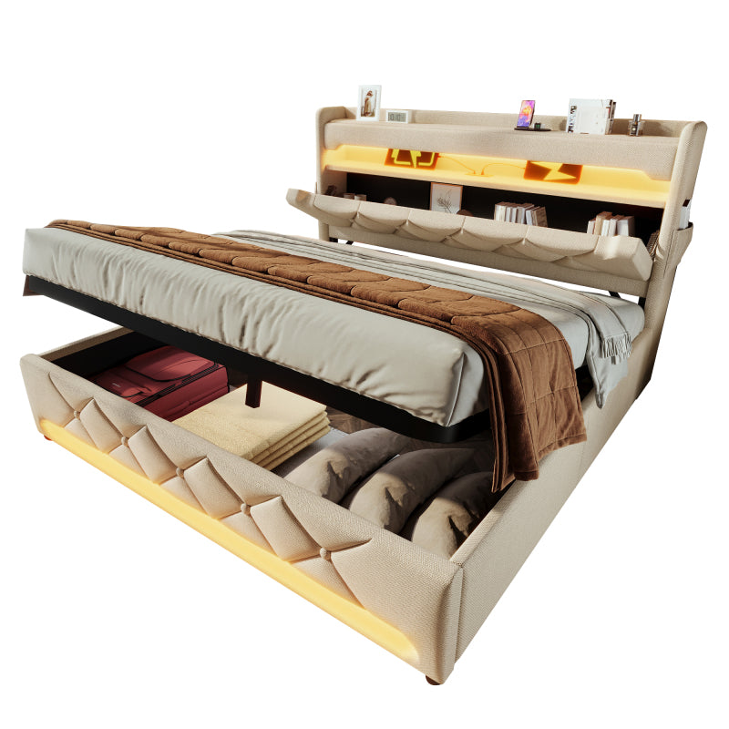 Polsterbett Doppelbett 160*200, Stauraum Kopfteil mit USB und Typ C-Port ,360-Surround-LED-Funktion rund um Kopf- und Fußende des, Betten mit Hydraulisch Stauraum, Beige , Leinen(Ohne Matratze)