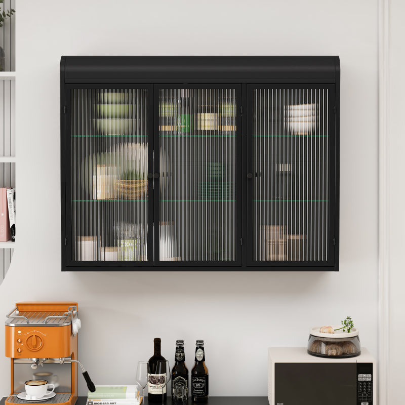 3 Door Arched Wall Mounted Glass Cabinets for Kitchen, Living Room and Bathroom(Black)