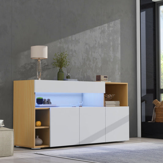 LED Sideboard Breite 140cm, Multifunktionales Sideboard,Kommode, Highboard , Luxuriöses Sideboard für Wohnzimmer, Eckschrank für Flur, Schrank für Schlafzimmer, Weiß und Eiche