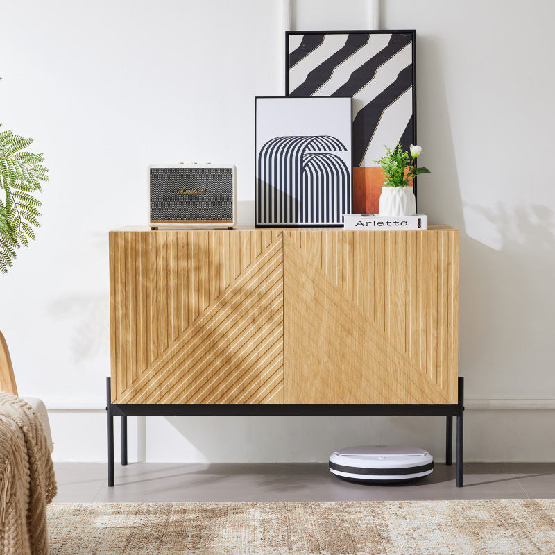 Sideboard mit 2 Türen und Metallbeinen, Buffet, Kommode mit Linien-Design, Maße: H 75 cm / B 100 cm / T 40 cm