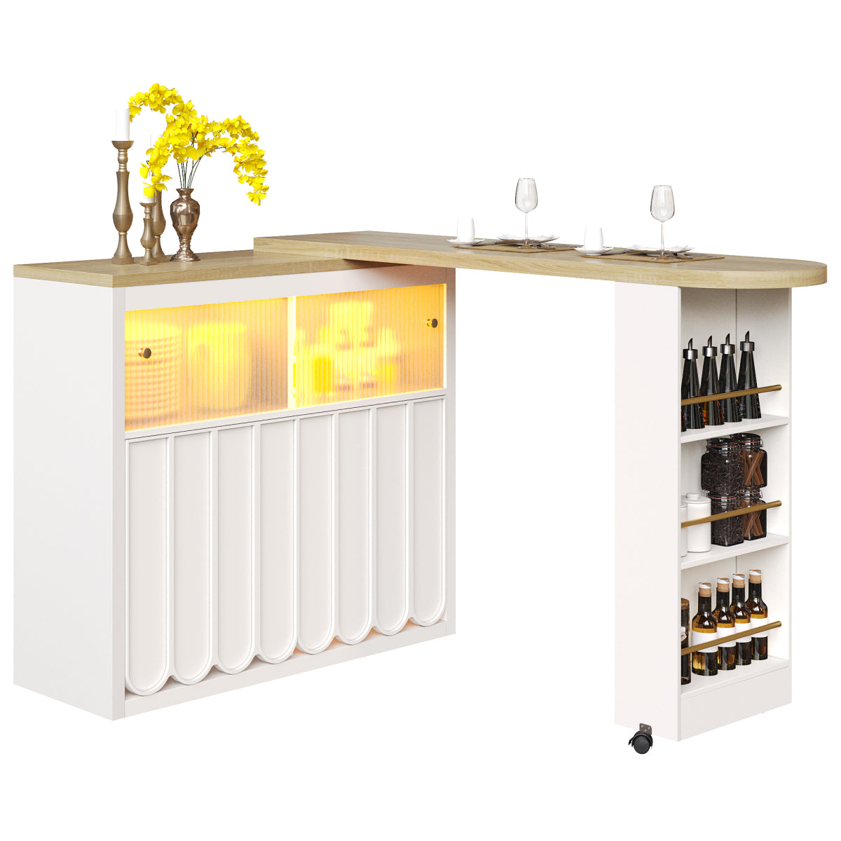 Ausziehbarer Bartisch 135-205cm mit LED & USB, Mobiler Hochtisch Weiß, Teleskop-Kücheninsel mit Glas-Schiebetür & Soft-Close, Gestreift