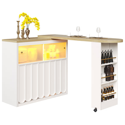 Ausziehbarer Bartisch 135-205cm mit LED & USB, Mobiler Hochtisch Weiß, Teleskop-Kücheninsel mit Glas-Schiebetür & Soft-Close, Gestreift