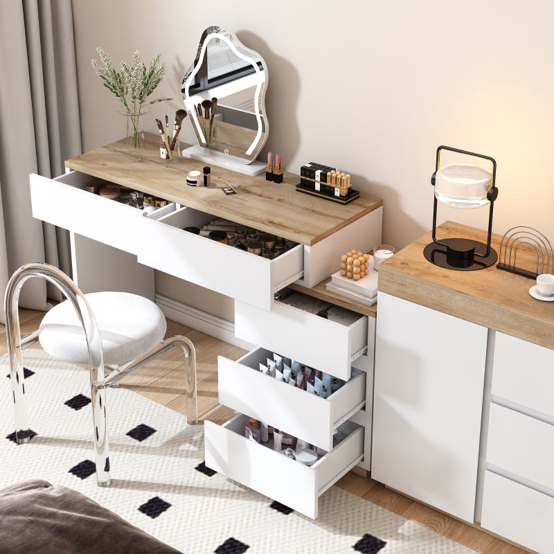 Schreibtisch mit 5 Schubladen,Frisiertisch, Funktion von Aufbewahrung, für Schlafzimmer , E1-Spanplatte, weiß+oak