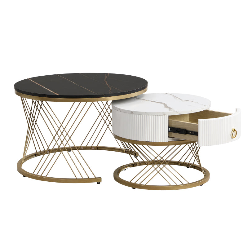 Eleganter zusammensetzbarer Couchtisch: Marmoroptik, Golddekor, Beistelltisch mit Schubladen – 2er-Set