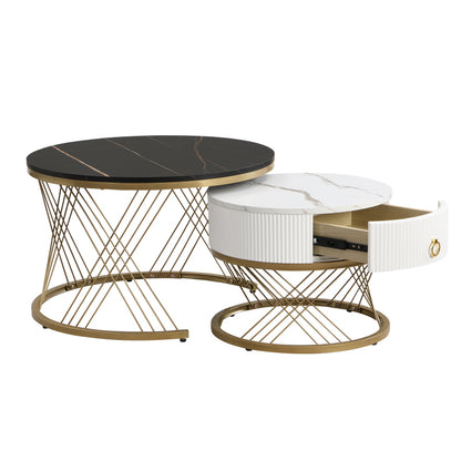 Eleganter zusammensetzbarer Couchtisch: Marmoroptik, Golddekor, Beistelltisch mit Schubladen – 2er-Set