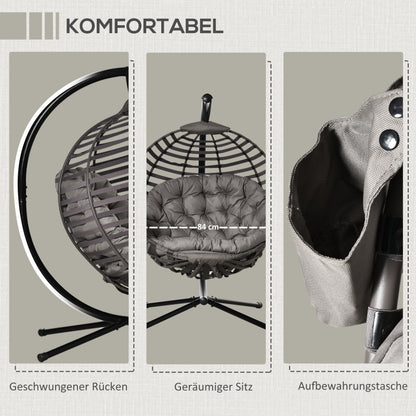 Hängesessel Hängekorb mit Gestell für 1 Person, faltbare Hängeschaukel mit Kissen, Stahl, 126x118x172cm für Garten & Balkon