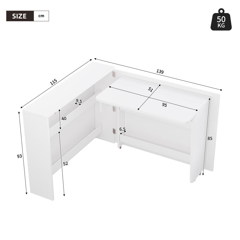 Faltbarer Schreibtisch mit Rollen & Wireless Charger–2-in-1 Sideboard & Arbeitsplatz, 115×27×93 cm (geschlossen, 95×51cm) White