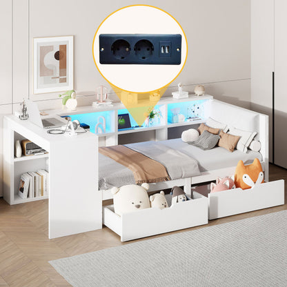 90x200 Holz-Plattformbett mit Ablageflächen, Schubladen, Ladestation und gepolstertem Kopfteil, Mit bunten LED-Leuchten, Weiß