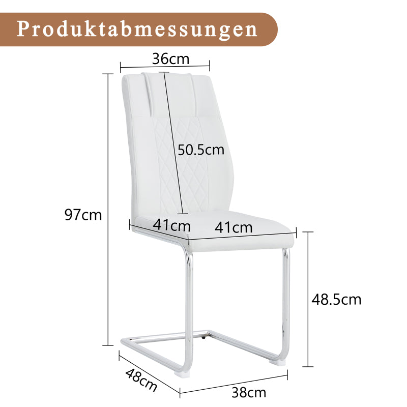 Nordischer Stil weißer PU Stuhl (vier Säcke in einem Paket) - Rückenlehne mit diamantförmigem Gitternähtdesign, glänzende silberne Metallbeine