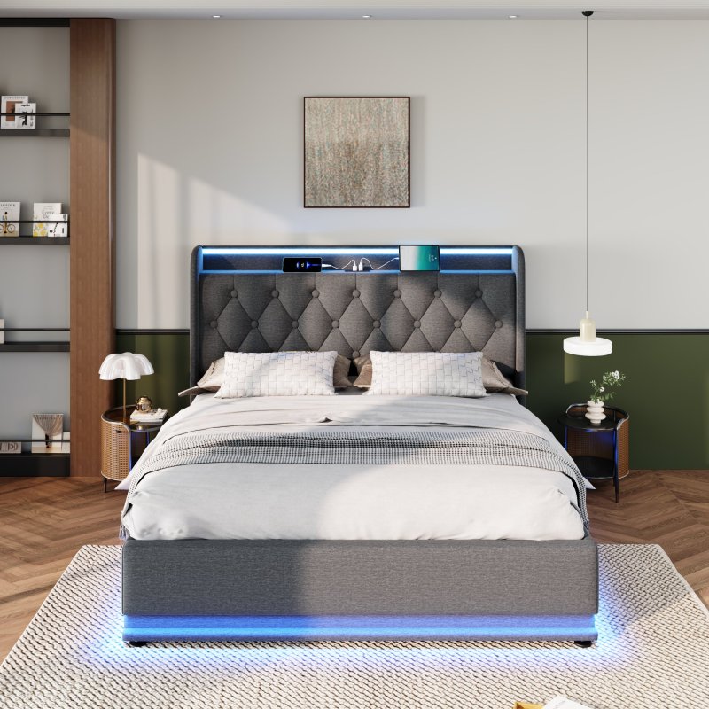 Polsterbett Doppelbett, 360-Surround-LED-Funktion, Drucktaste/App/Fernbedienung,160*200 cm,Grau Leinen-Material Hydraulisches Lagerbett, gepolstertes Kopfteil mit USB Typ-C Ladefunktion(Ohne Matratze)