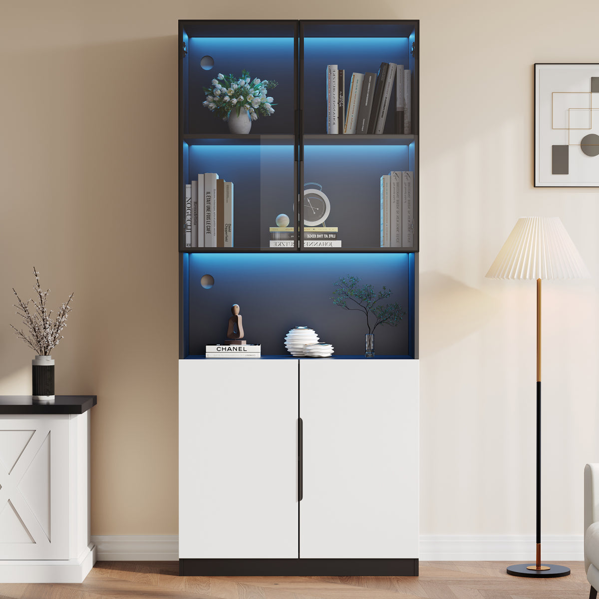 Moderne Vitrine 80x30x200cm Weiß/Schwarz - Glasschrank mit LED, Einstellbare Helligkeit & Farbtemperatur, Sammler-Bücherregal mit Glastüren