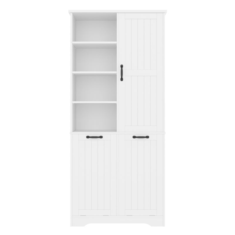 78 x 35 x 172 cm Badezimmerschrank, feuchtigkeitsbeständige Farbe, doppelter Wäschekorb, vier offene Fächer, eine Tür, drei Fächer in der Tür, verstellbare Regale, viel Stauraum, weiß