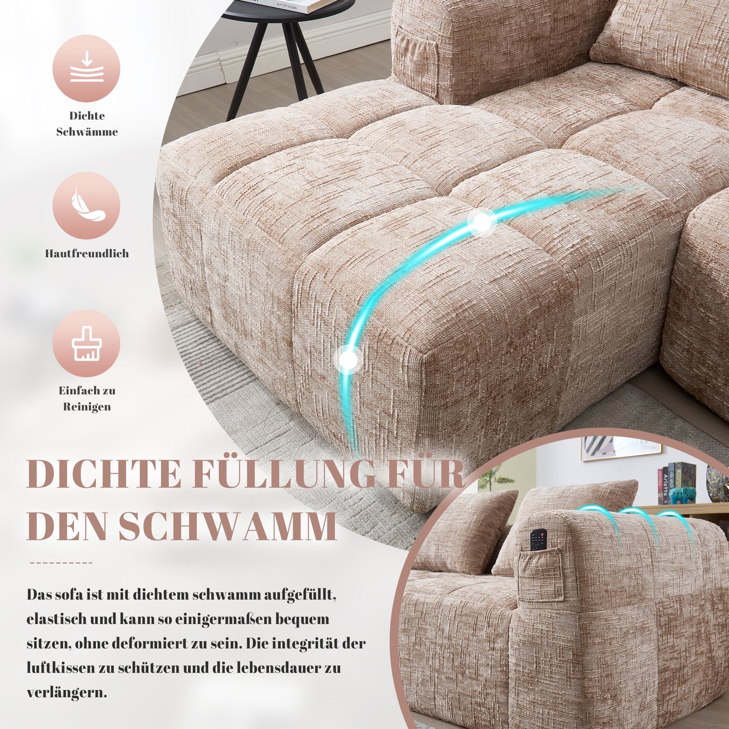 Modernes Sektionssofa, L-Sofa, 3-Sitzer-Sofa, keine Installation erforderlich, Chenille-Sofa mit Chaiselongue und Armlehnen, 3 Kissen, Seitentasche für Fernbedienung, khaki