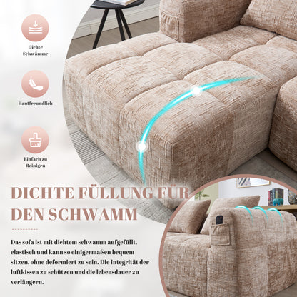 Modernes Sektionssofa, L-Sofa, 3-Sitzer-Sofa, keine Installation erforderlich, Chenille-Sofa mit Chaiselongue und Armlehnen, 3 Kissen, Seitentasche für Fernbedienung, khaki