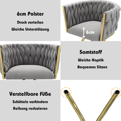 Samt-Esszimmerstuhl, einzelner heller Luxus-Wohnzimmer-Schlafzimmer-Drehstuhl, Freizeit-Drehstuhl mit vier Stützbeinen aus Metall,Grau und Gold