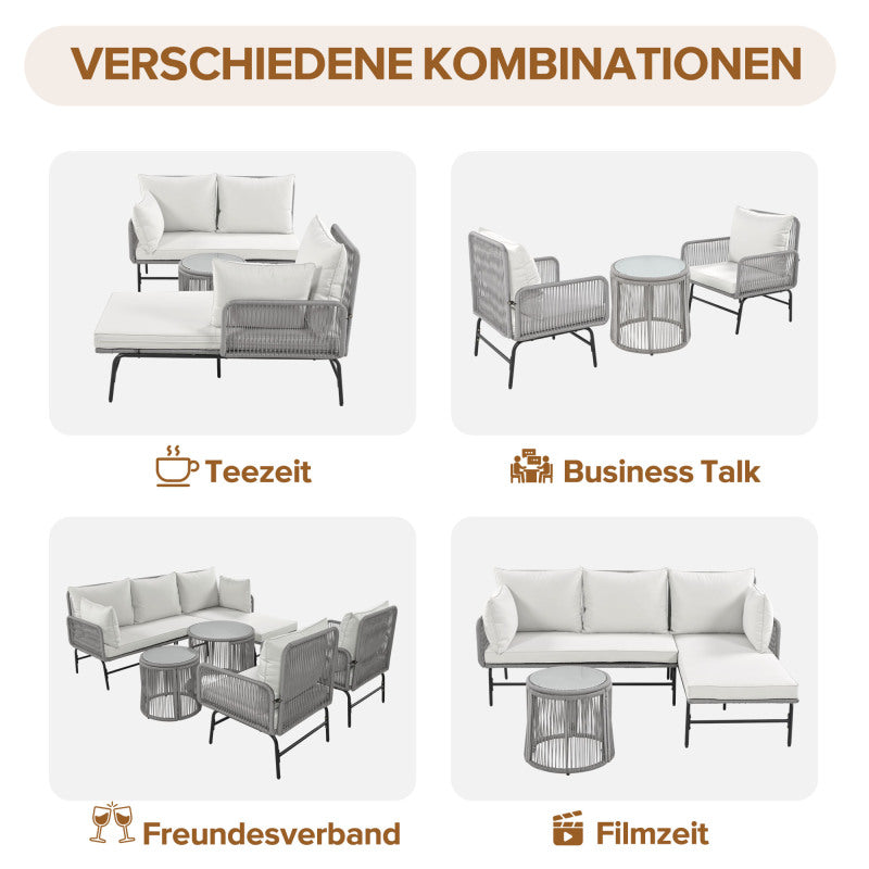 Gartenlounge-Set, Gartenmöbel-Set, Mit Eisenrahmen und grauem Seil, Gartenmöbel aus gewebtem Seil für den Außenbereich, Grau, Zwei Sessel, zwei 2-Sitzer-Sofas und zwei Tische (alle Kissen inklusive)