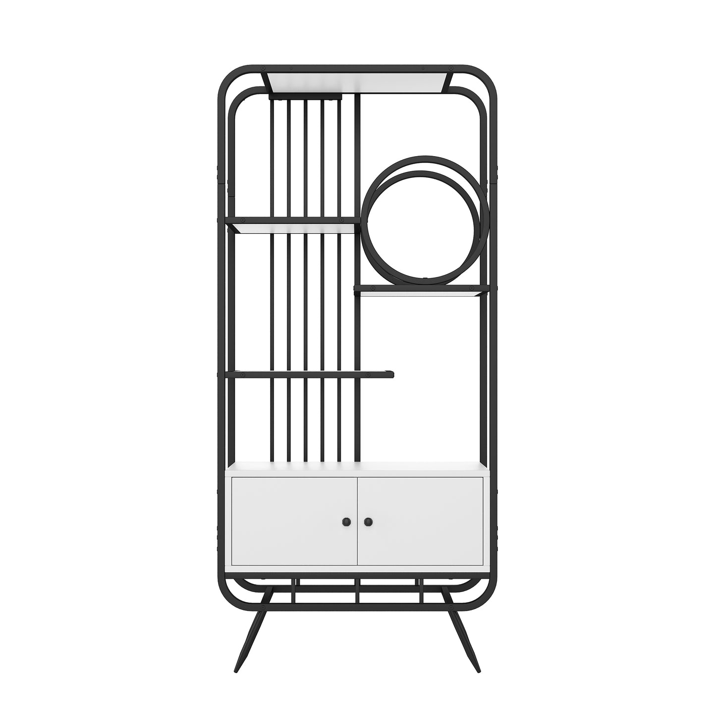 80 x 30 x 180 cm Metallregal, weißer Lagerschrank mit Doppeltür, drei Regalböden, schwarzes Metallregal, hohe Metallfüße, runde Dekoration, weiß + schwarz