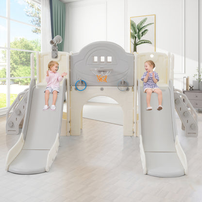 8 in 1 Kinderrutsche Kletterspielzeug, Multifunktionsrutsche mit 2 Rutschen, freistehende Rutsche, Klettern, Bohrspiel, Stauraum, Spielkorridor, Basketballkorb, Lasso-Spiel, Teleskop