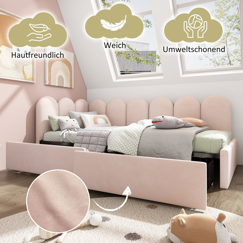 Polsterbett Einzelbett mit Schubladen Stauraumbett Samt Daybett Tagesbett Schlafsofa 90x190cm mit Lattenrost Jugendbett und Erwachsene Kinderbett,Rosa(Ohne Matratze)