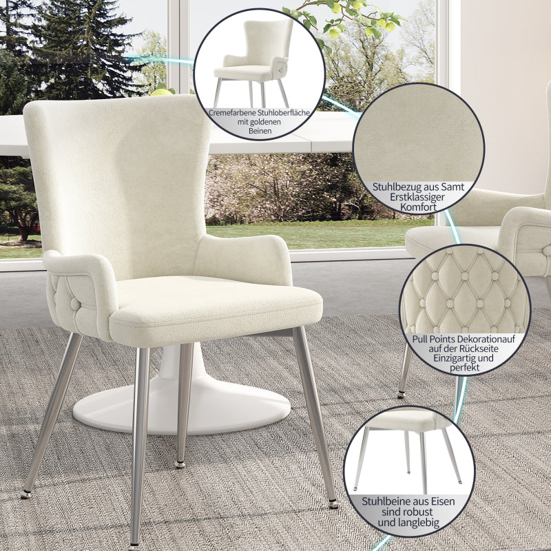 Samt-Esszimmerstuhl, 4er-Set, Loungesessel mit vier silberfarbenen Metallstützbeinen, Beige