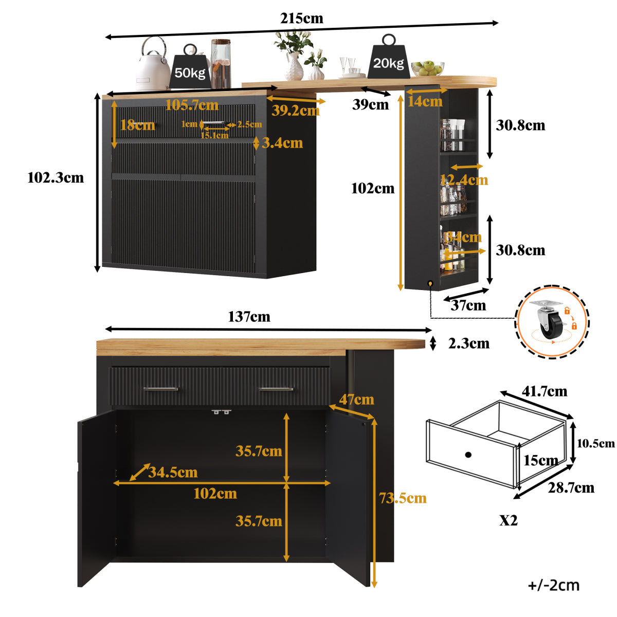 Ausziehbarer Bartisch Schwarz (137-215cm) - Moderner Teleskop-Hochtisch mit Schublade & Regalen - Bewegliche Kücheninsel & Bistro Table