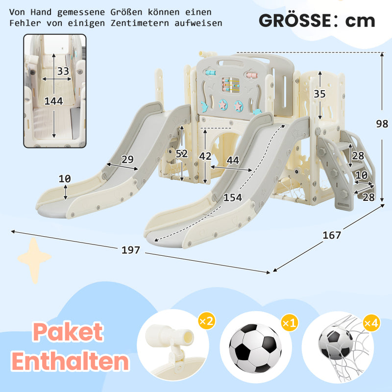 Kinderspielplatz-Set 8-in-1, Freistehendes Meerestier-Motiv-Set mit Rutsche, Bogentunnel, Basketballkorb und Teleskop, Doppelte Rutschen für Kleinkinder, Klettergerüst für Kinder