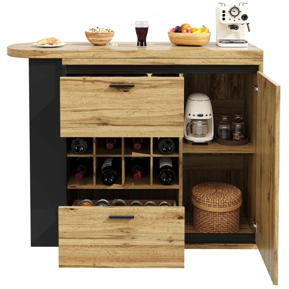 Ausziehbarer Bartisch 138-220cm Küchentisch mit Weinregal & 2 Schubladen, Stehtisch Natur Holzoptik, Multifunktionale Kücheninsel
