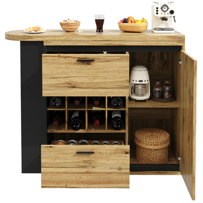 Ausziehbarer Bartisch 138-220cm Küchentisch mit Weinregal & 2 Schubladen, Stehtisch Natur Holzoptik, Multifunktionale Kücheninsel
