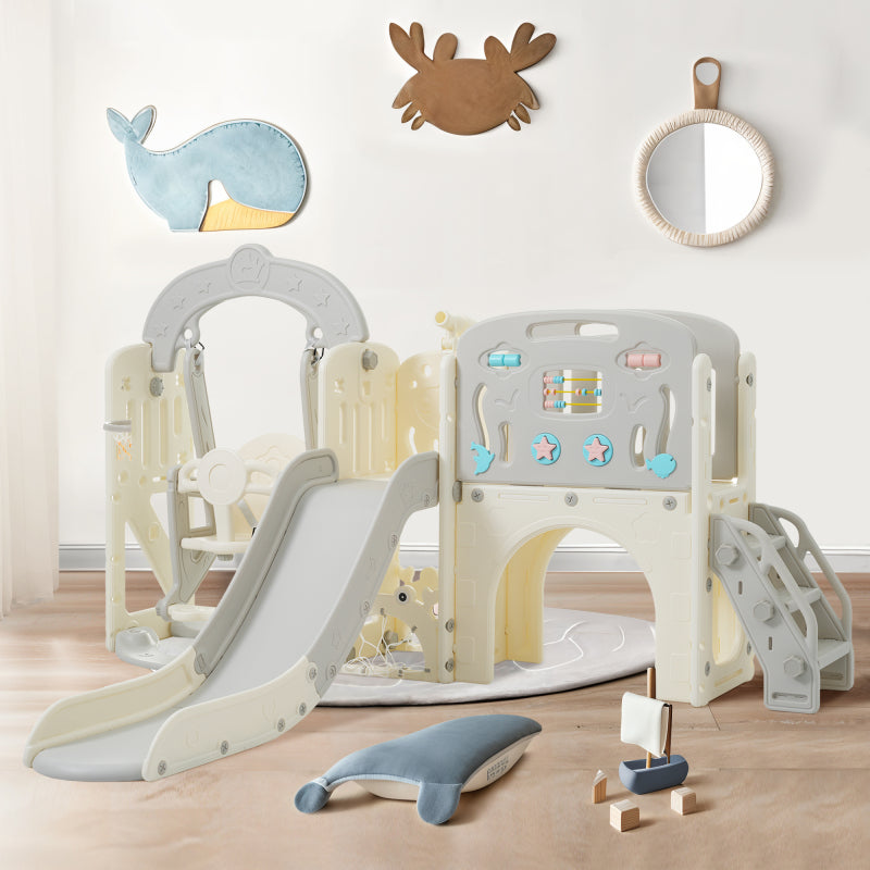 Kinderspielplatz-Set 8-in-1, Freistehendes Meerestier-Motiv-Set mit Rutsche, Bogentunnel, Basketballkorb und Teleskop, Doppelte Rutschen für Kleinkinder, Klettergerüst für Kinder
