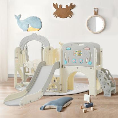 Kinderspielplatz-Set 8-in-1, Freistehendes Meerestier-Motiv-Set mit Rutsche, Bogentunnel, Basketballkorb und Teleskop, Doppelte Rutschen für Kleinkinder, Klettergerüst für Kinder