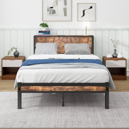 120x200 cm Metallgestell mit Stauraum-Kopfteil, Einzelnes Metall-Plattformbettgestell, Geräuschfrei, Metalluntergestell, Ohne Boxspring Notwendig, Vintage Braun