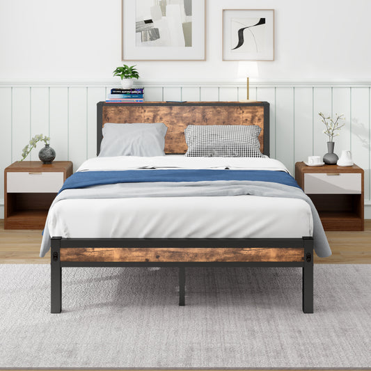120x200 cm Metallgestell mit Stauraum-Kopfteil, Einzelnes Metall-Plattformbettgestell, Geräuschfrei, Metalluntergestell, Ohne Boxspring Notwendig, Vintage Braun