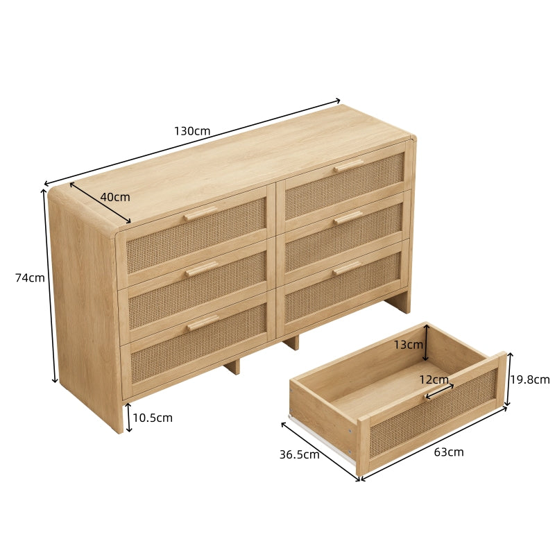 130CM Arc Shaped Corner Rattan Cabinet, 6-Drawers Rattan Storage Cabinet Rattan Drawer, for Living Room Bedroom,and Kitchen, Natural