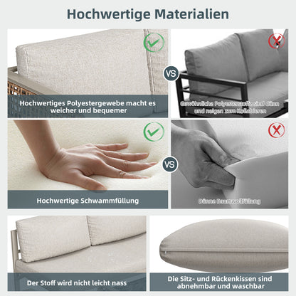Garten-Lounge-Set, Rattan-Möbel-Set für 6-7 Personen, Ecksofa mit verzinktem Eisengestell, verstellbare Beine, inklusive aller Sitz- und Rückenkissen, beige
