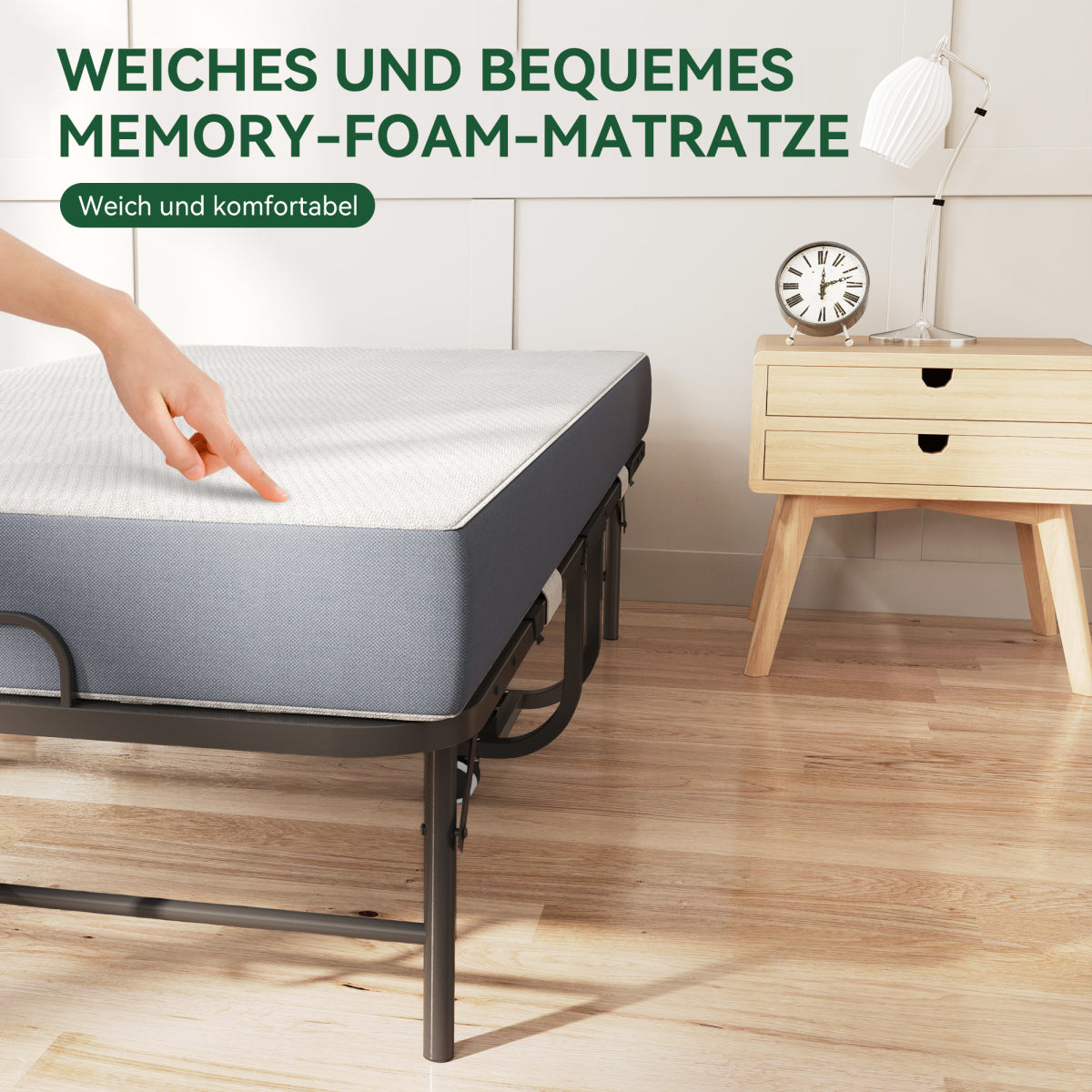 190 × 96 cm Klapp-Twin-Bett mit 9,5 cm Memory-Foam-Matratze, tragbares Gästebett/Rollbett, stabiler Metallrahmen