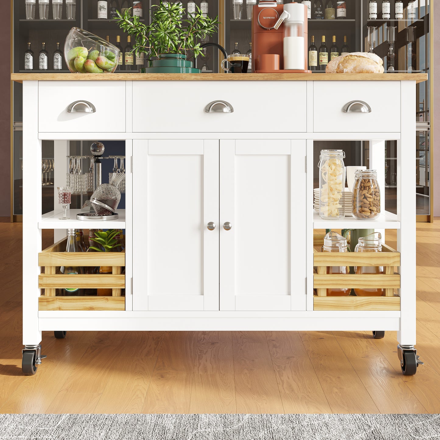 Moderne Kücheninsel Küchenschrank 120x45x90cm Esszimmerwagen mit Kiefernkorb Multifunktions Esstisch Holzmaserung Aufbewahrungskorb Weiß
