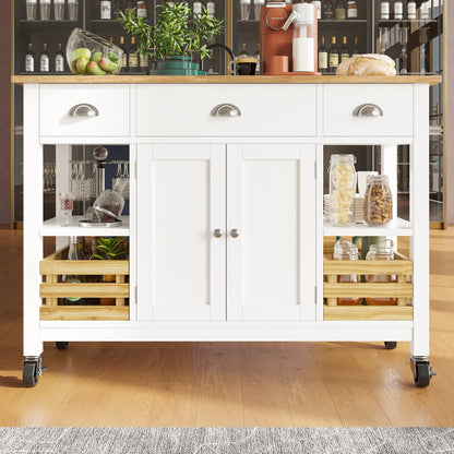 Moderne Kücheninsel Küchenschrank 120x45x90cm Esszimmerwagen mit Kiefernkorb Multifunktions Esstisch Holzmaserung Aufbewahrungskorb Weiß